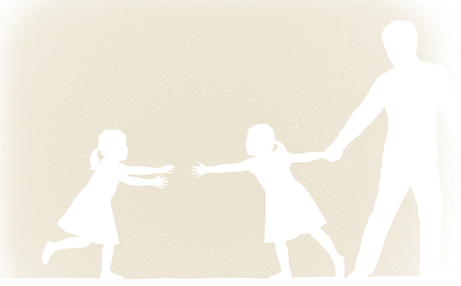 그림자극: 어른 손에 이끌려 가는 아이가 뒤를 돌아 손을 뻗고, 다른 아이가 뒤쫓아 손을 뻗는다